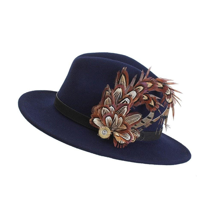 Pheasant Biot (Small) feather brooch, on a navy fedora