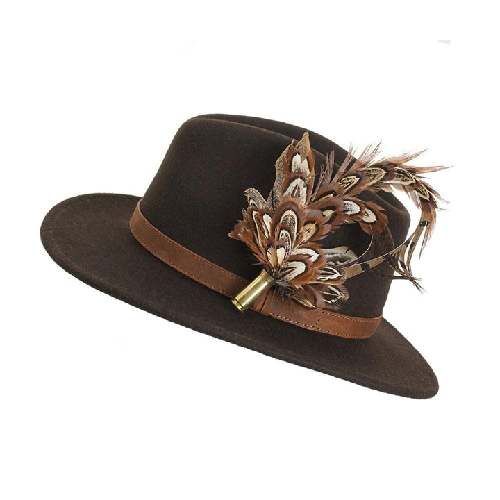 Pheasant Biot (Small) feather brooch, on a brown fedora