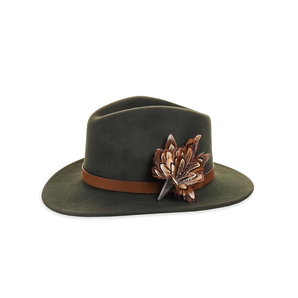 Pheasant Church Window (Mini) feather brooch, on an olive fedora