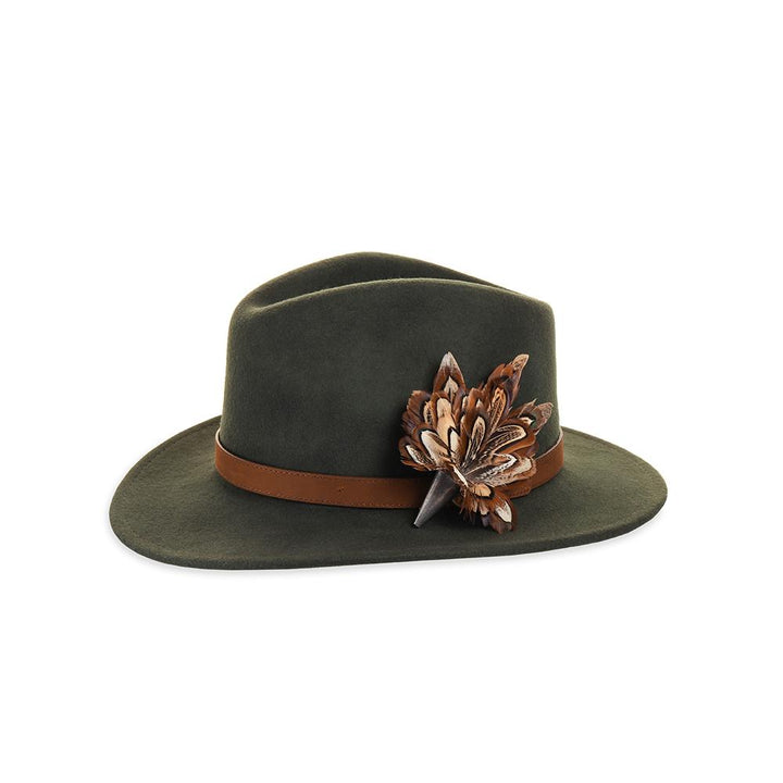 Pheasant Church Window (Mini) feather brooch, on an olive fedora