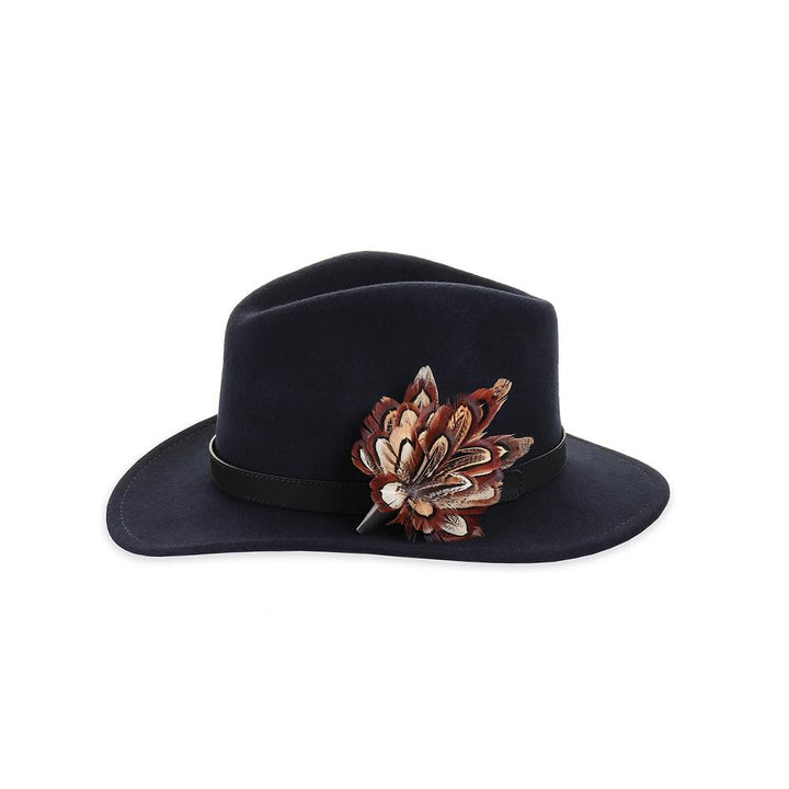 Pheasant Church Window (Mini) feather brooch, on a navy fedora