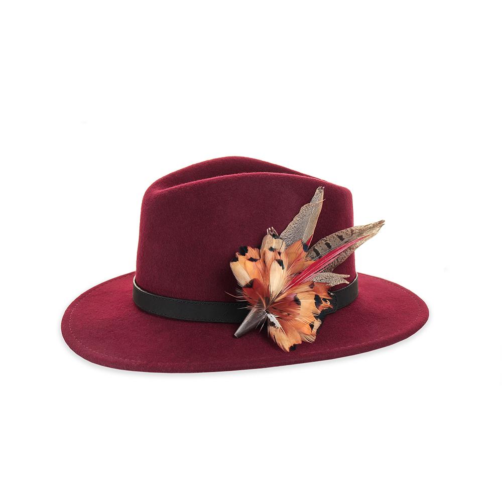 Red Pheasant Spear (Small) feather brooch, on a wine fedora