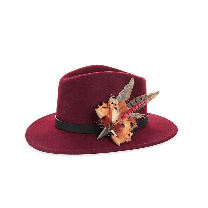 Red Pheasant Spear (Small) feather brooch, on a wine fedora