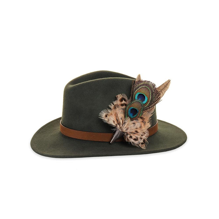 Double Peacock and Hen Pheasant feather brooch on an olive fedora