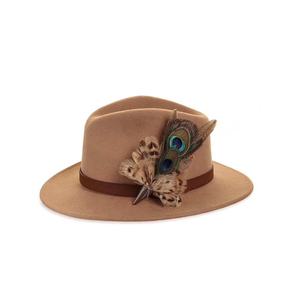 Double Peacock and Hen Pheasant feather brooch on a camel fedora