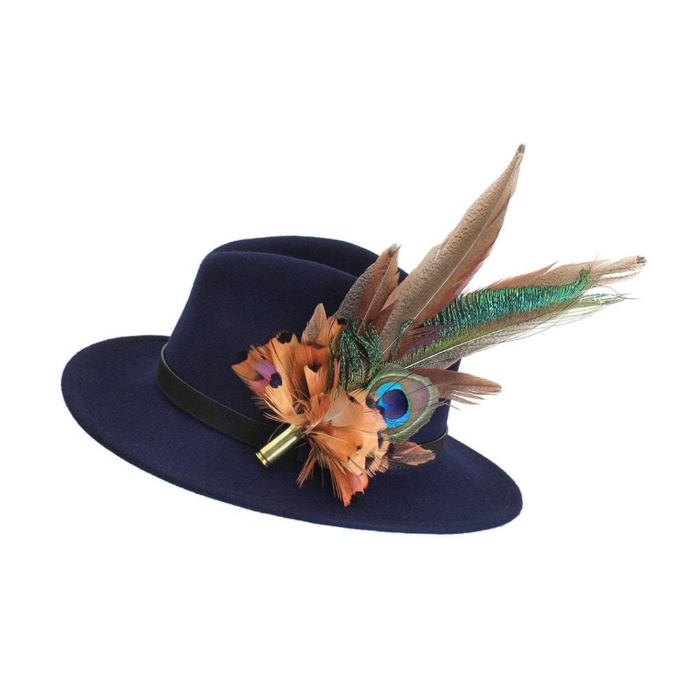 Pheasant &amp; Peacock (Large) feather brooch, on a navy fedora