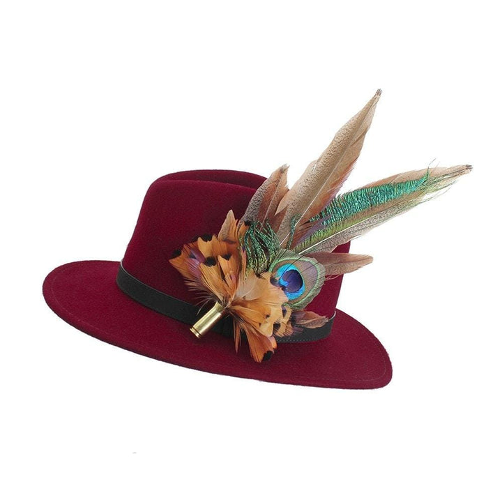 Pheasant &amp; Peacock (Large) feather brooch, on a wine fedora
