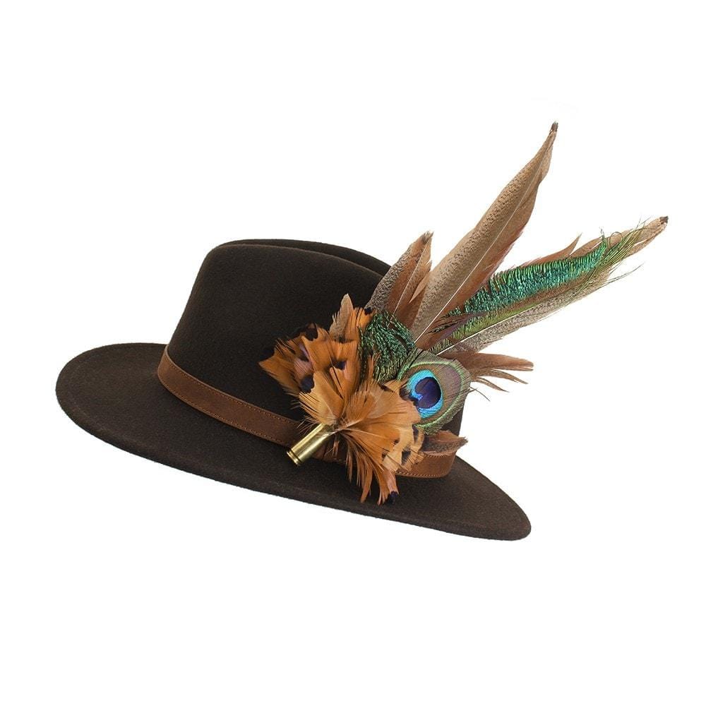 Pheasant & Peacock (Large) feather brooch, on a brown fedora