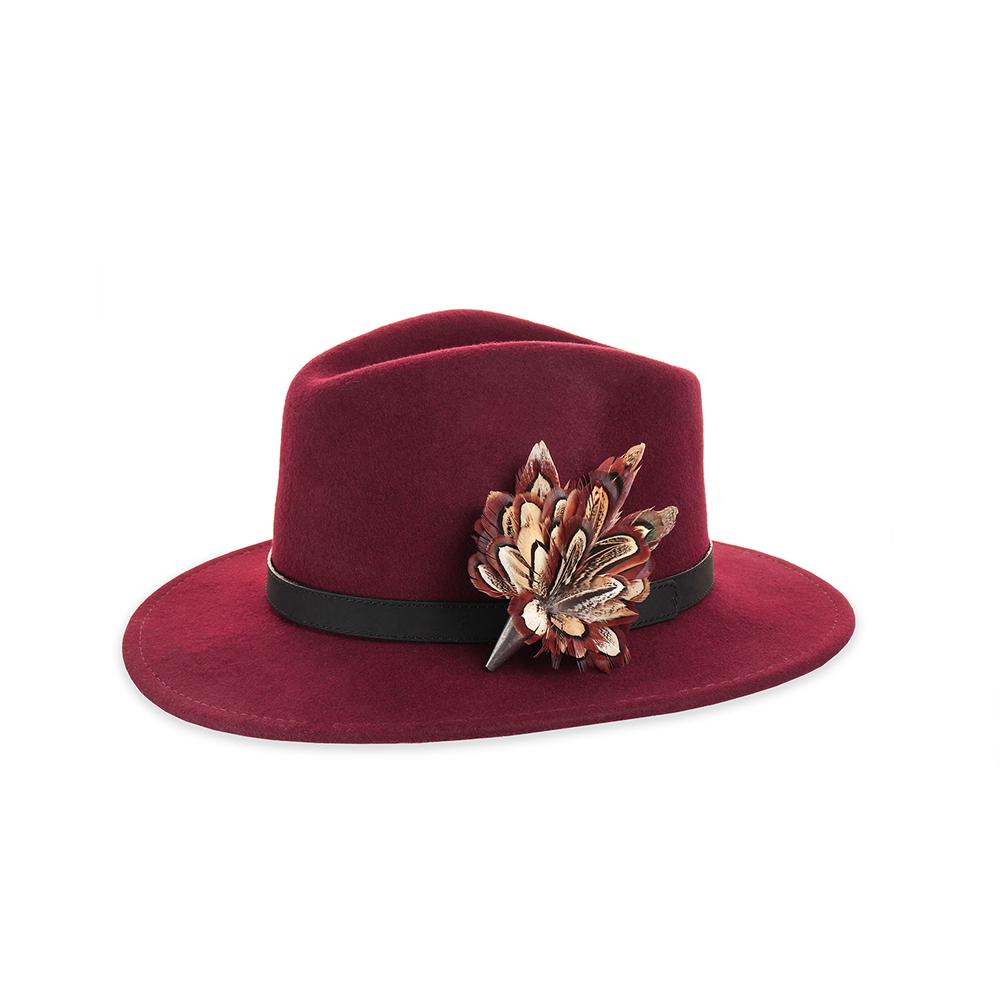 Pheasant Church Window (Mini) feather brooch, on a wine fedora