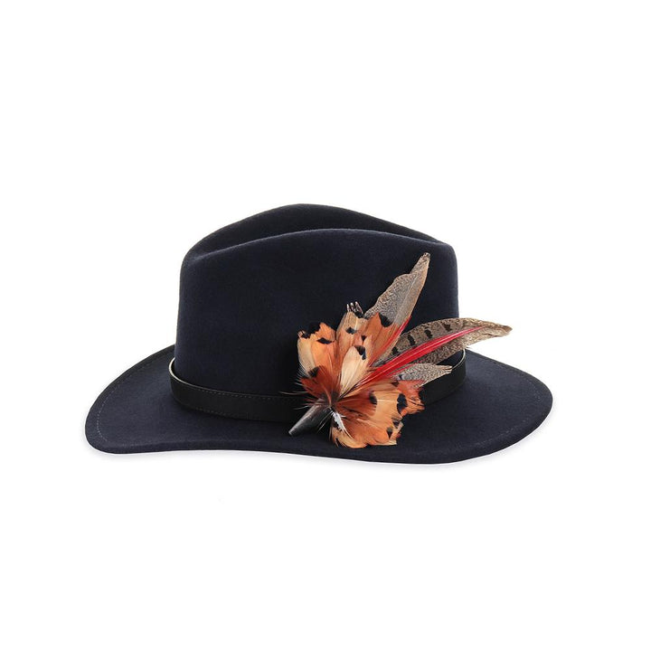 Red Pheasant Spear (Small) feather brooch, on a navy fedora