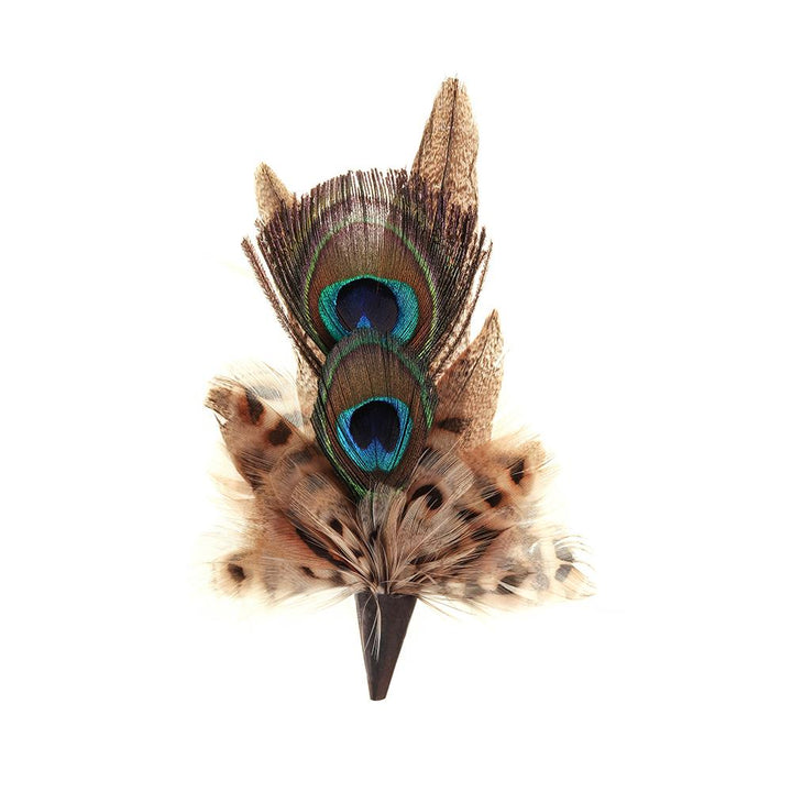 Double Peacock and Hen Pheasant feather brooch, full view