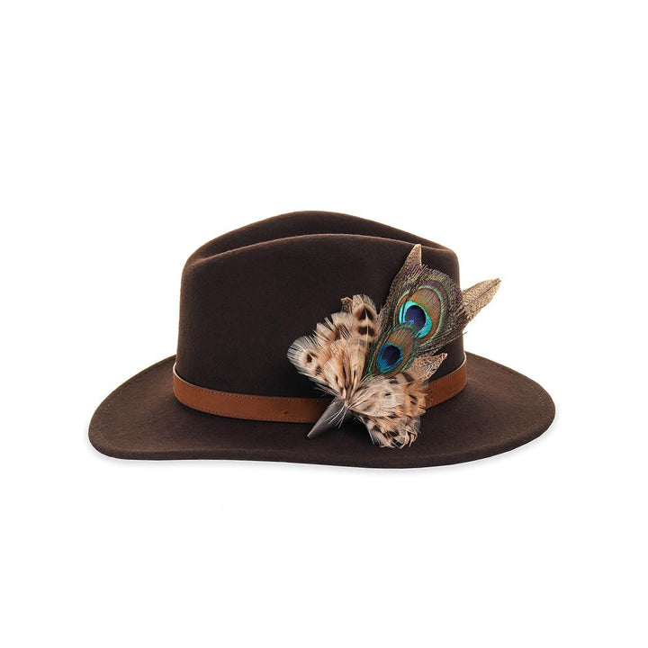 Double Peacock and Hen Pheasant feather brooch on a brown fedora