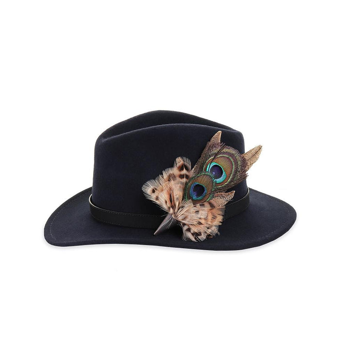 Double Peacock and Hen Pheasant feather brooch on a navy fedora