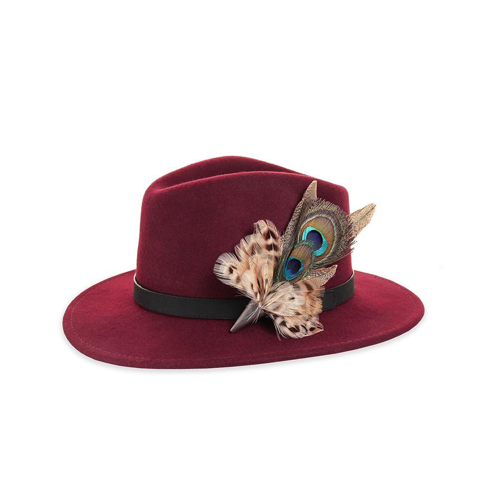 Double Peacock and Hen Pheasant feather brooch on a wine fedora
