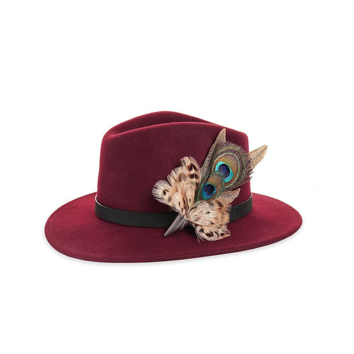Double Peacock and Hen Pheasant feather brooch on a wine fedora