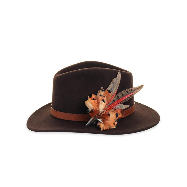 Red Pheasant Spear (Small) feather brooch, on a brown fedora