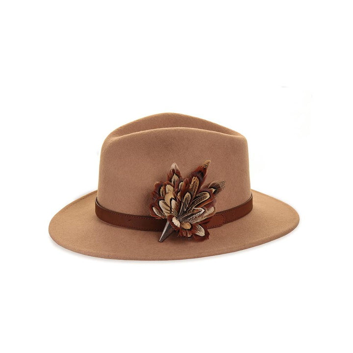 Pheasant Church Window (Mini) feather brooch, on a camel fedora