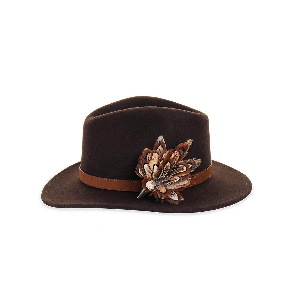 Pheasant Church Window (Mini) feather brooch, on a brown fedora