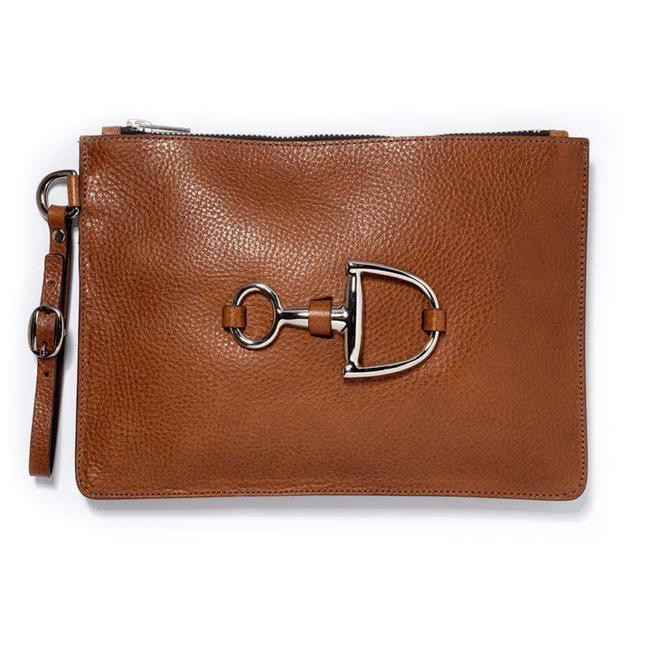 Windsor tan leather clutch with silver-tone equestrian hardware