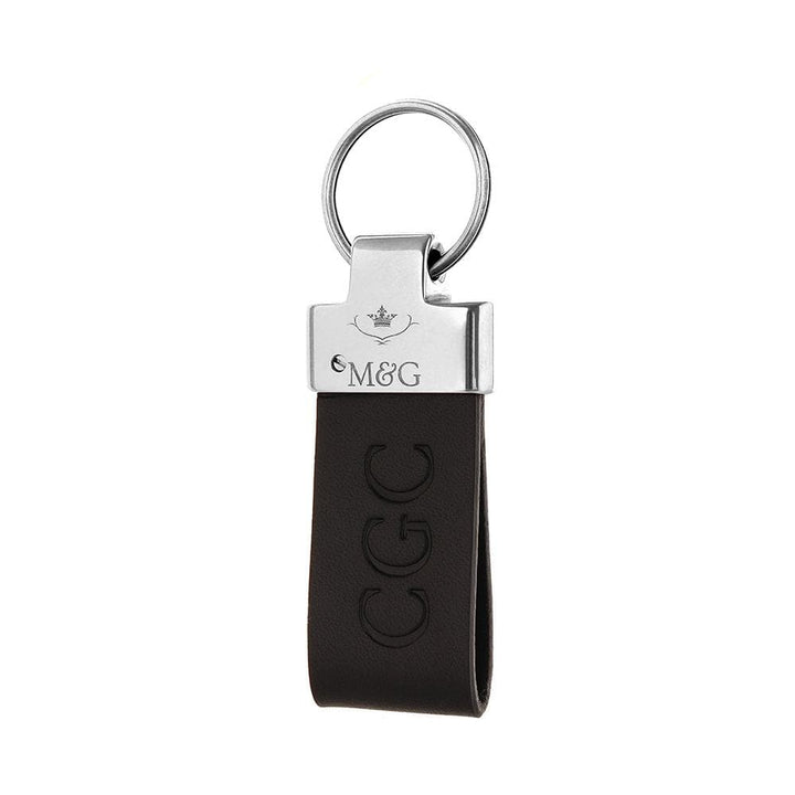 Black M&amp;G leather keyring with silver-tone fittings and blind-embossed initials