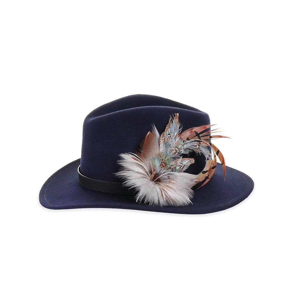 Navy felt fedora with Blue Pheasant and Mallard feather pin