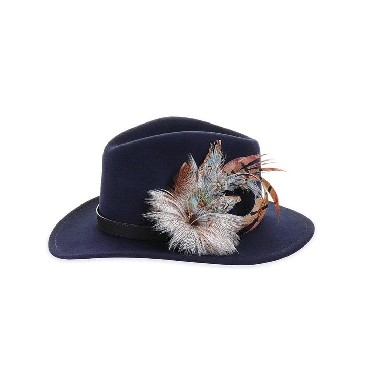 Navy felt fedora with Blue Pheasant and Mallard feather pin