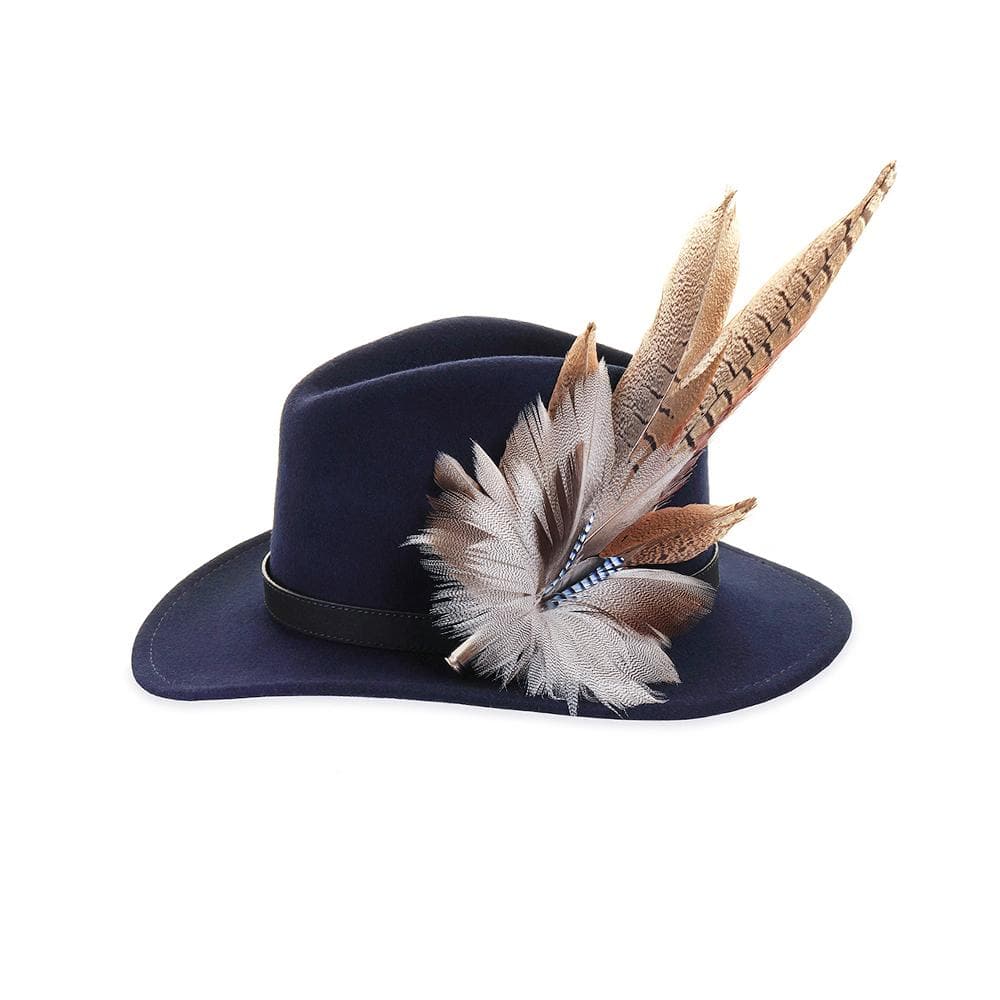 Navy felt fedora with long pheasant and blue jay feathers