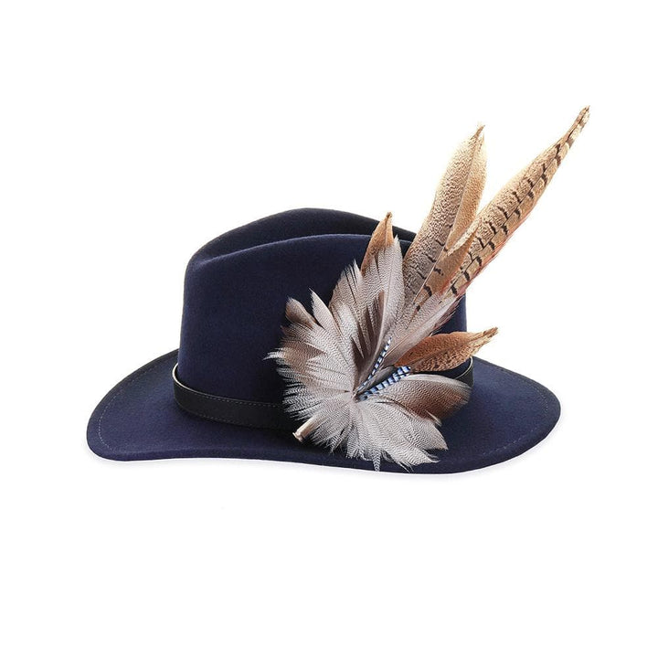 Navy felt fedora with long pheasant and blue jay feathers