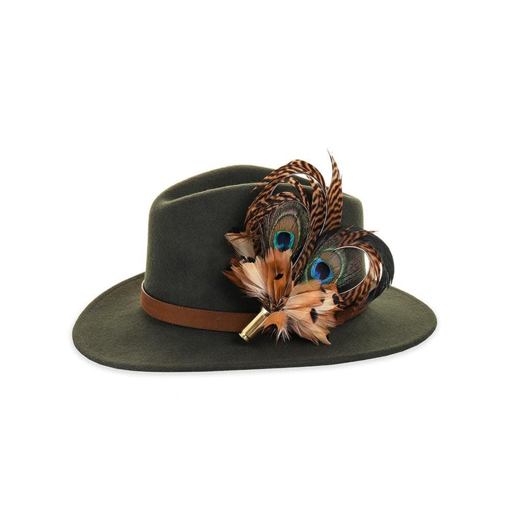 Olive felt fedora with Pheasant and Peacock Heart feather pin