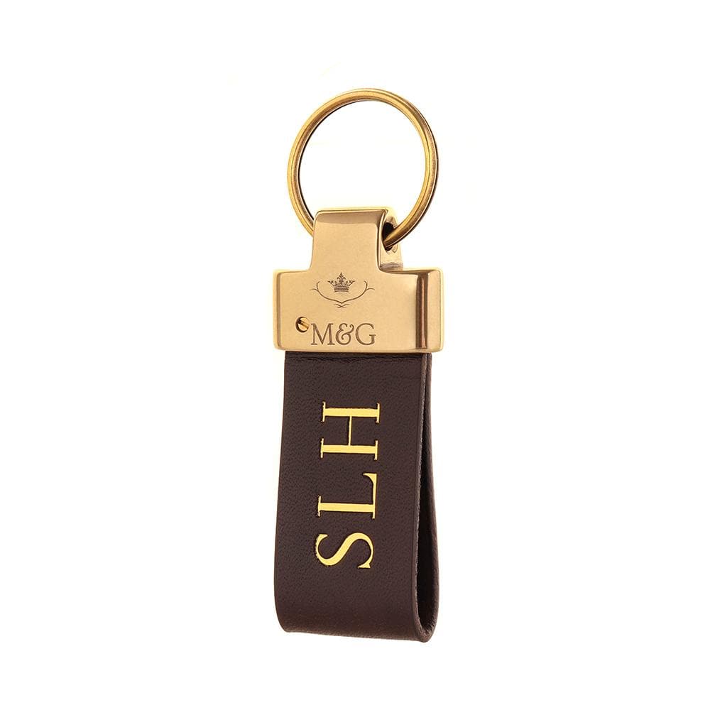 Dark brown M&amp;G leather keyring with gold-tone fittings and gold initials