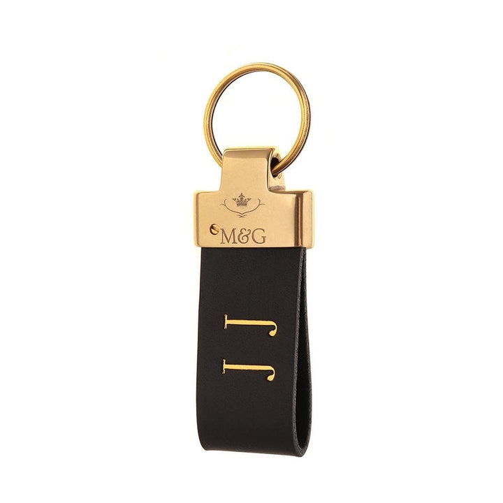 Dark M&amp;G leather keyring with gold-tone fittings and gold initials