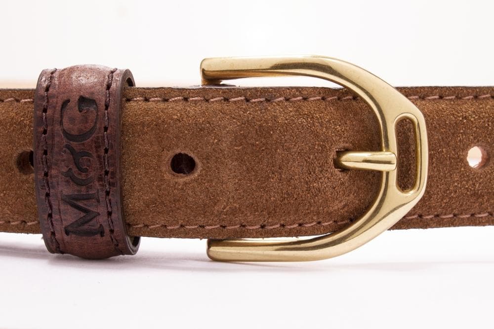 Close-up of the Clifton Cinch tan suede buckle section