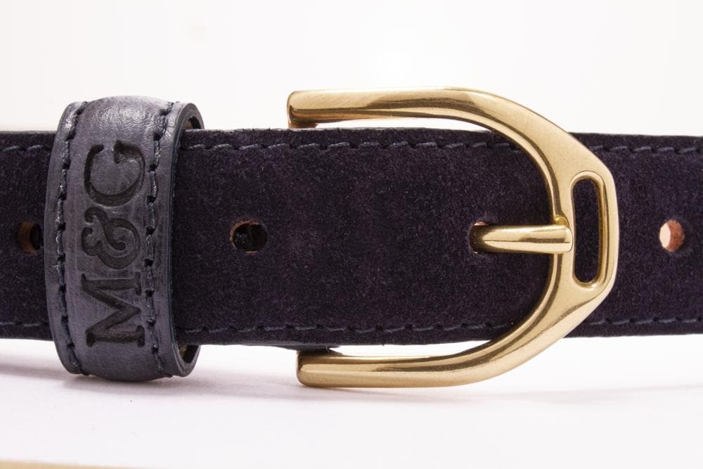 Close-up of a black Clifton Cinch suede buckle section