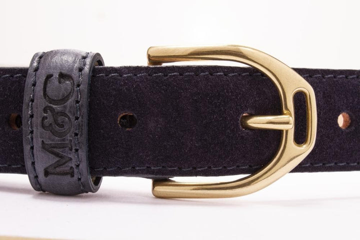 Close-up of a black Clifton Cinch suede buckle section