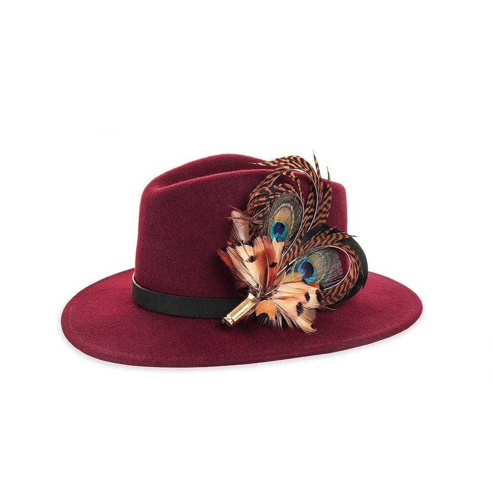 Pheasant &amp; Peacock Heart Biot feather brooch, on a wine fedora