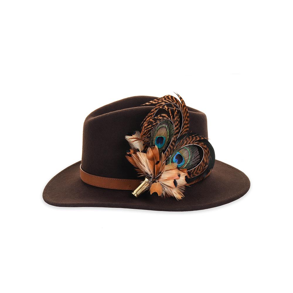 Pheasant &amp; Peacock Heart Biot feather brooch, on a brown fedora