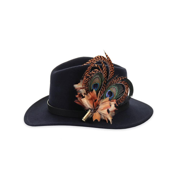 Pheasant &amp; Peacock Heart Biot feather brooch, on a navy fedora