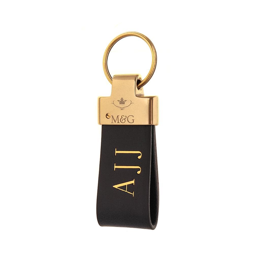 Black M&G leather keyring with gold-tone fittings and gold initials