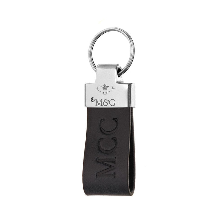 Black M&amp;G leather keyring with silver-tone fittings and blind-embossed initials