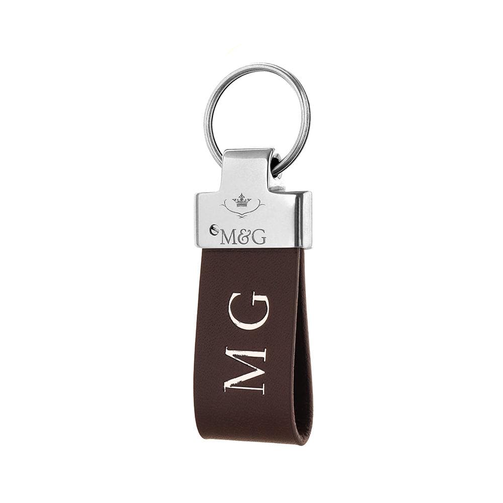 Brown M&amp;G leather keyring with silver-tone fittings and silver initials