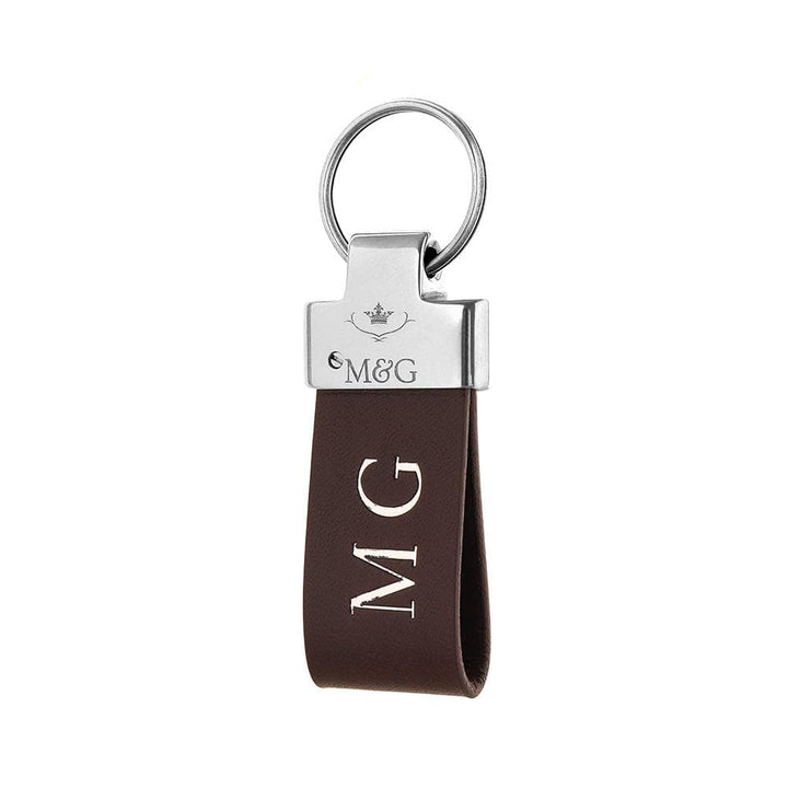 Brown M&amp;G leather keyring with silver-tone fittings and silver initials