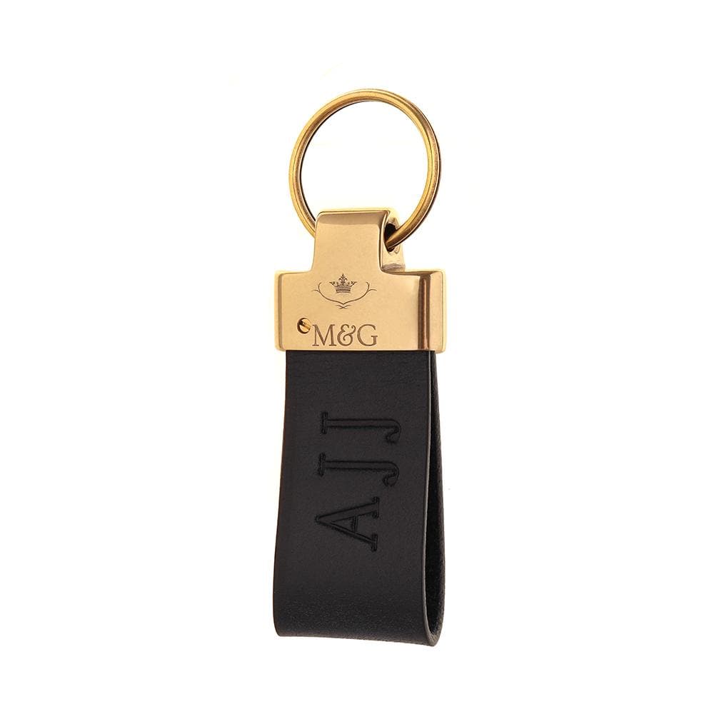 Black M&amp;G leather keyring with gold-tone fittings and blind-embossed initials