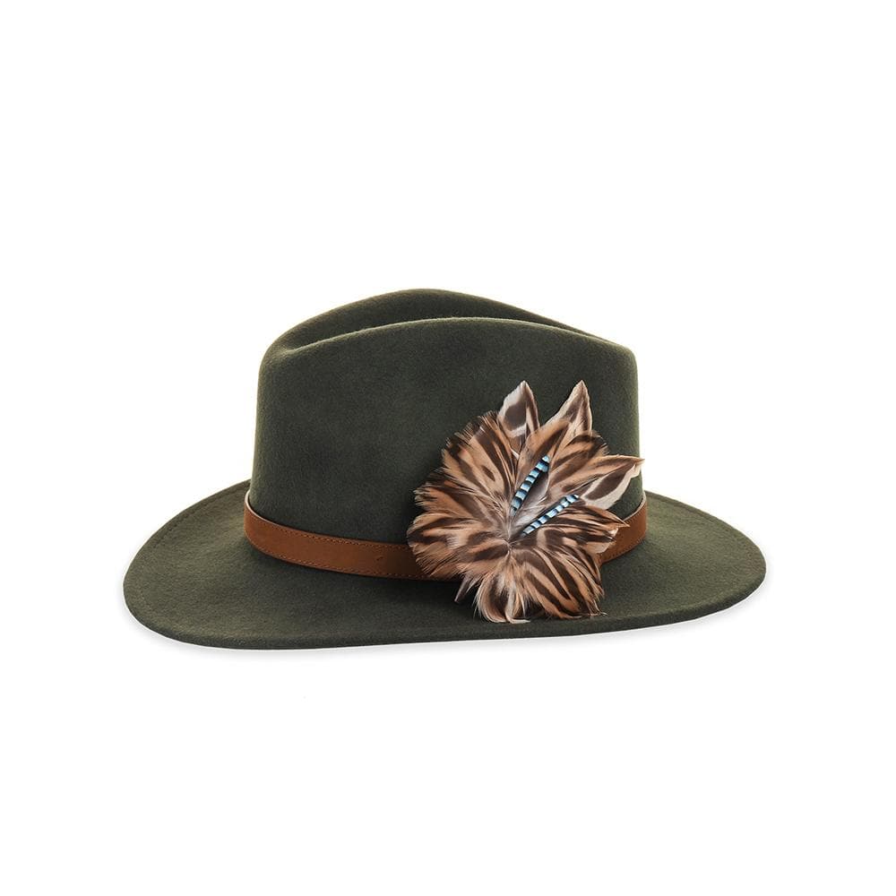 Olive felt fedora with Mallard and Jay feather pin