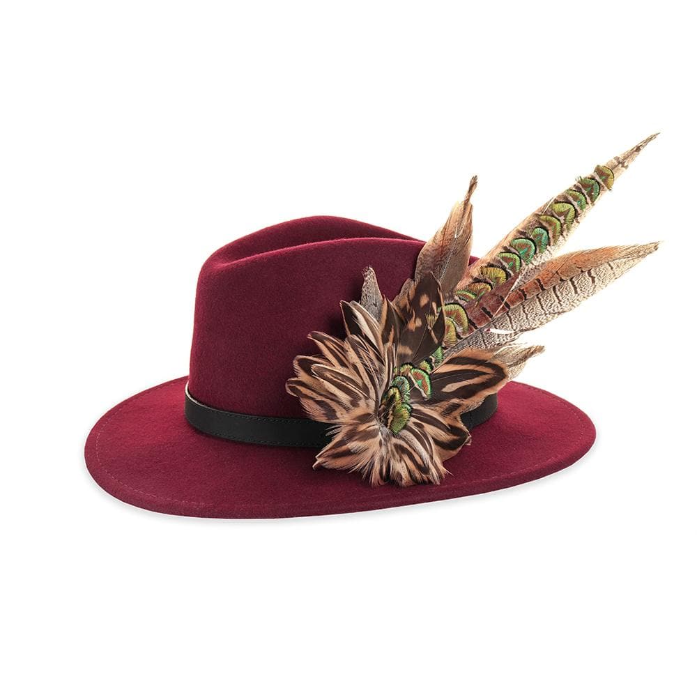Wine felt fedora with a large pheasant and peacock feather arrangement