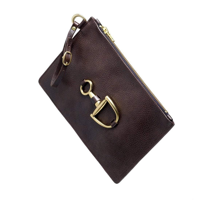 Windsor dark leather clutch with equestrian hardware, angled view