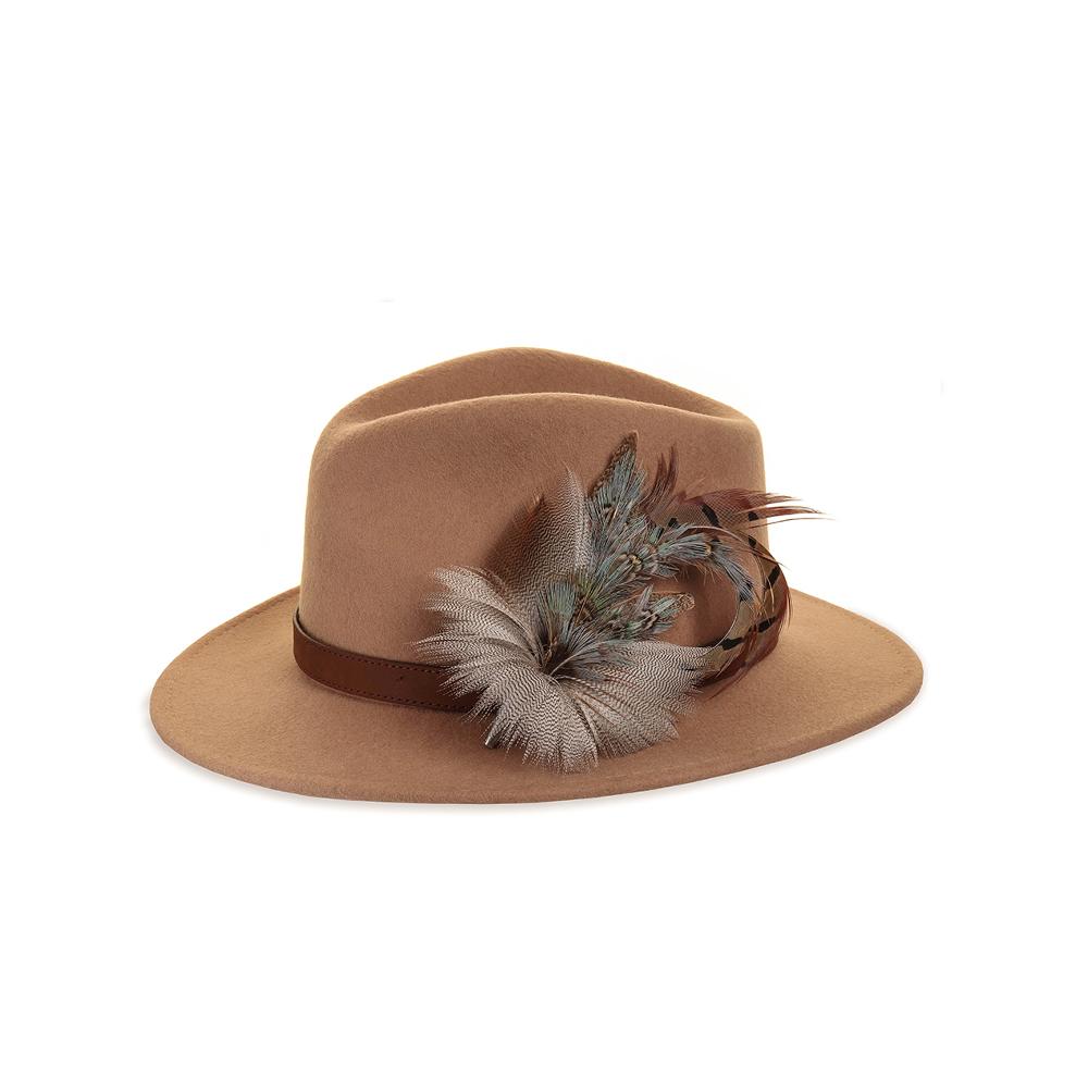 Camel felt fedora with Blue Pheasant and Mallard feather pin