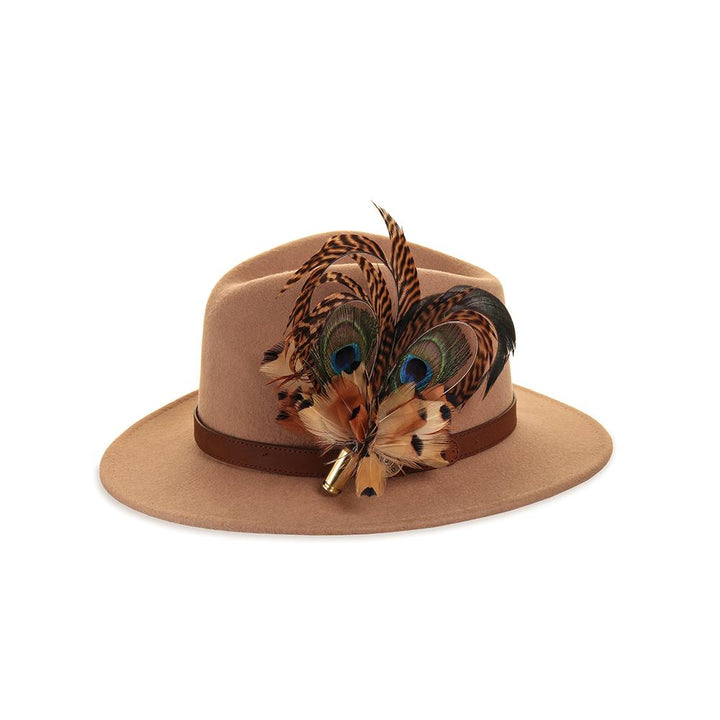Camel felt fedora with Pheasant and Peacock Heart feather pin