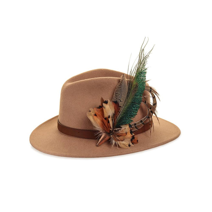 Camel felt fedora with Peacock Swords feather pin
