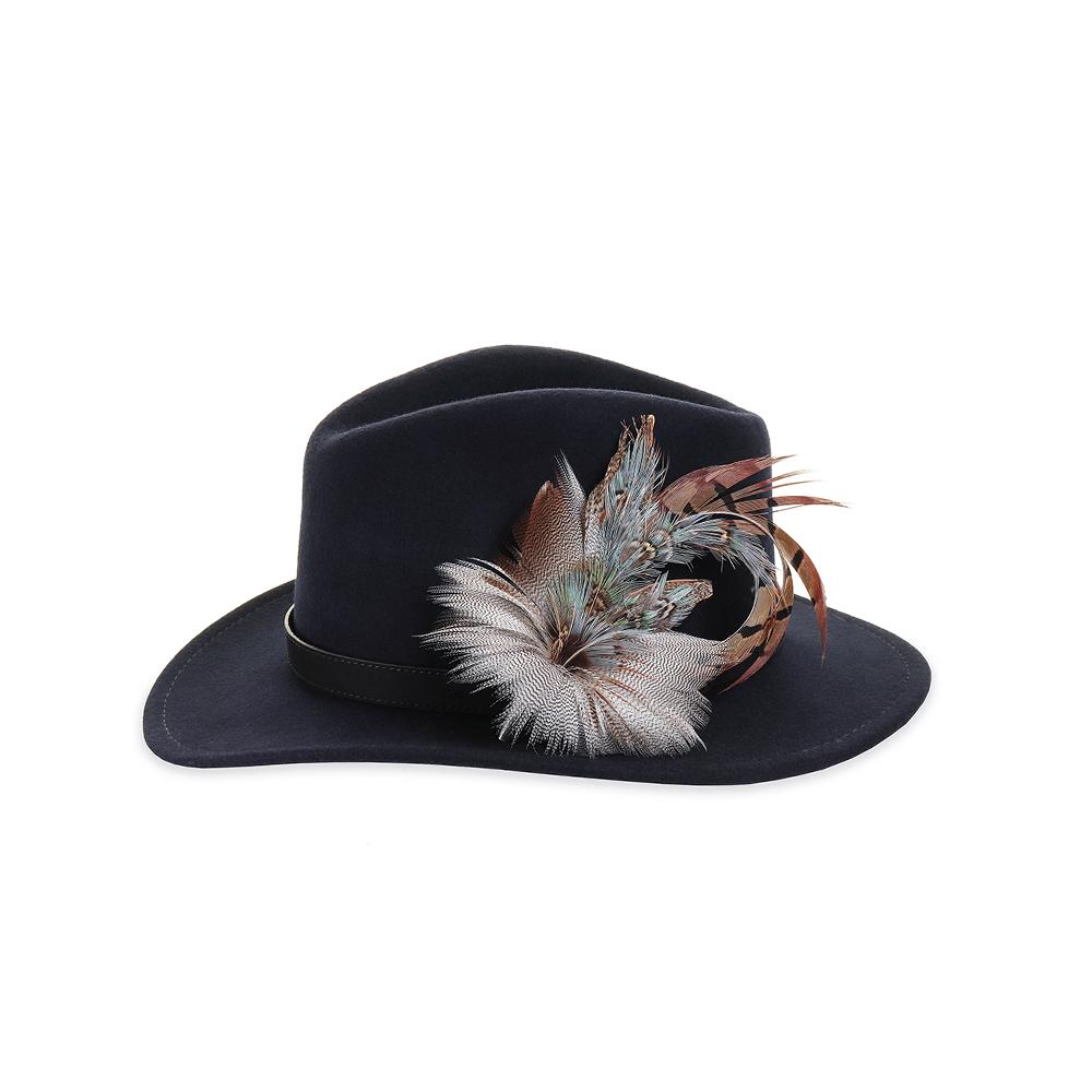 Blue Pheasant and Mallard feather brooch on a navy fedora
