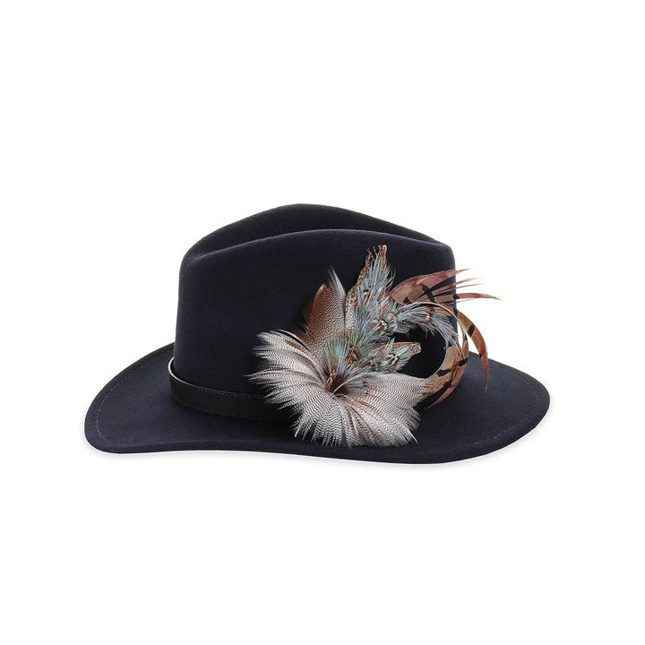 Blue Pheasant and Mallard feather brooch on a navy fedora